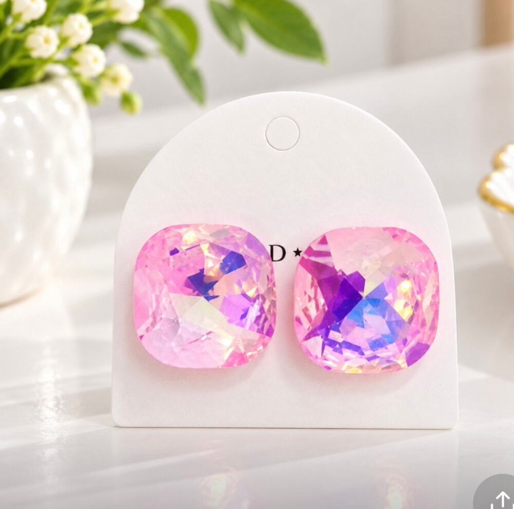 Silver Post Cushion Cut Pink AB Stone Post Earrings